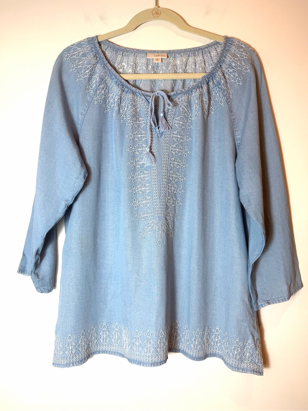 J.Jill Denim Embroidered Tencel Peasant Tunic Top Boho Tassel Light Blue Medium